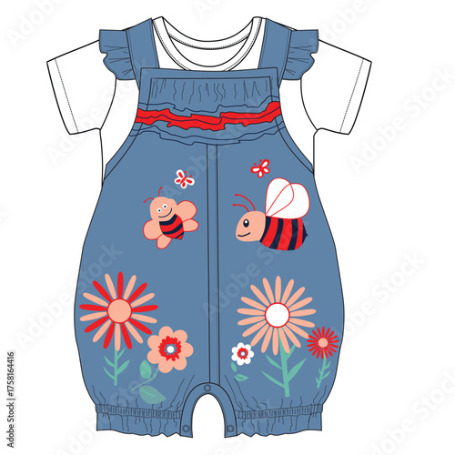 Drawing Of a baby girls honey bee dungaree print 