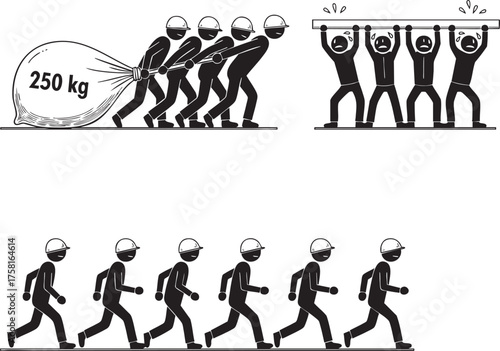 A set of black and white pictograms showing workers in hard hats engaged in teamwork pulling lifting and running.