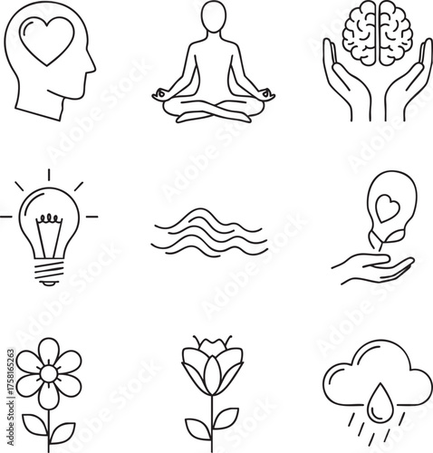 A set of thin line icons representing mental health mindfulness meditation and emotional wellbeing concepts.