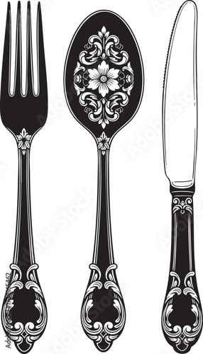 Black and white illustration of an antique silverware set with intricate floral engravings.