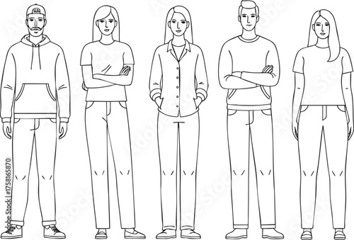 Black and white line art illustration of five diverse young adults in casual clothing.