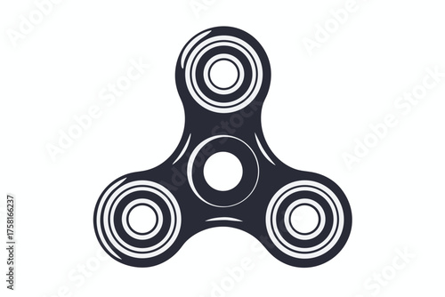 A dark gray fidget spinner with circular design sits against a white background