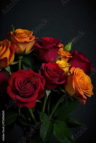 Wallpaper Mural Bold and Vibrant Mixed Rose Bouquet in a Modern Setting A powerful, high contrast studio photograph of a dynamic bouquet featuring a striking assortment of richly colored roses, including deep Torontodigital.ca