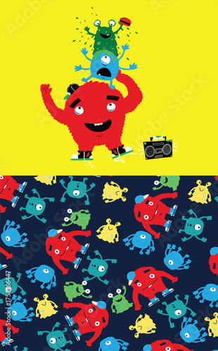 Little monster print design with beast character funny vector & art