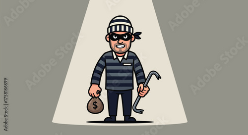 Cartoon Burglar Illuminated by Spotlight with Loot and Crowbar Threat