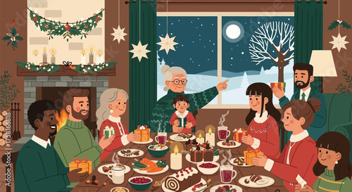 Festive family gathering celebrating christmas around a decorated table