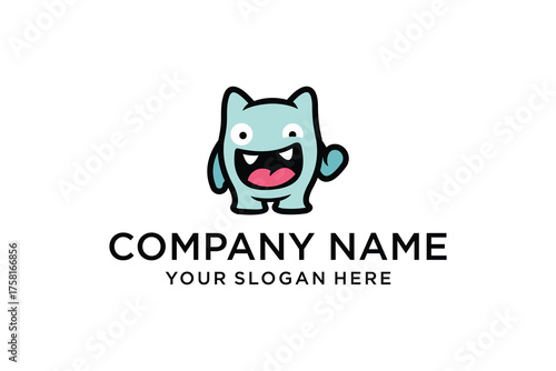 Happy Blue Cartoon Monster Mascot Waving, Cute Character Logo Design