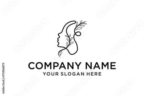 Minimalist Continuous Line Art Woman Face with Leaves Logo. Elegant female profile and botanical design concept for branding.