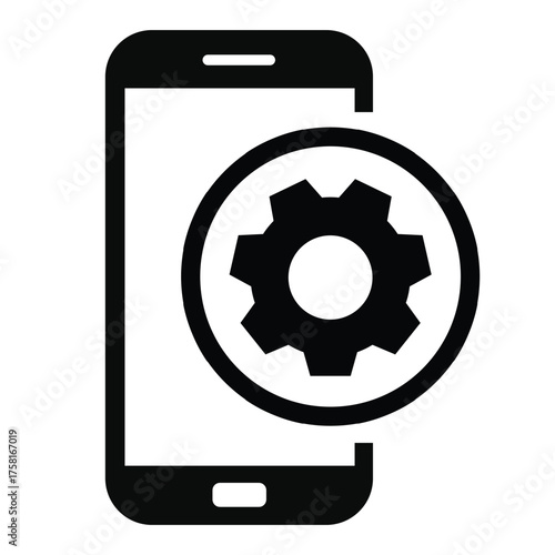 Solid black vector icon of a smartphone overlaid with a large gear symbol. Represents mobile app settings, device optimization, configuration, and technical support. Minimalist, flat design.