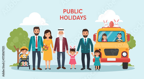 Diverse families celebrating public holidays with yellow school bus outing