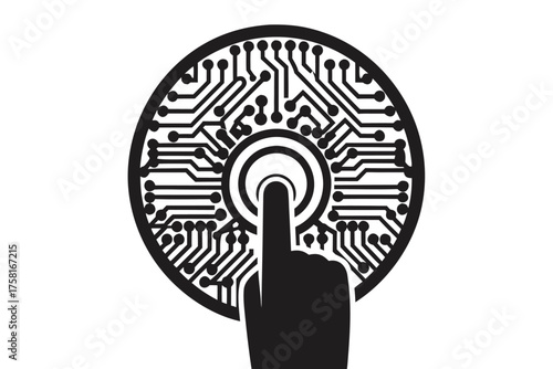 A finger touches a circular button filled with intricate circuit board patterns in black and white