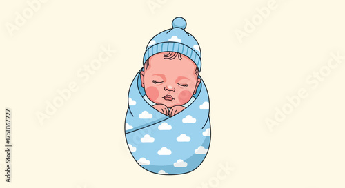 Sleeping newborn baby swaddled in a light blue cloud blanket illustration