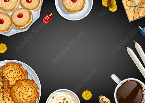 Flat Lay Hanukkah Food Black Horizontal Template with Copy Space - Latkes, Sufganiyah, Gelt Chocolate Coins, Coffee, Dreidels, Gift Box, Candles & Sour Cream Illustration