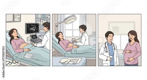 Visual narrative of prenatal care: ultrasound scan and consultation illustration
