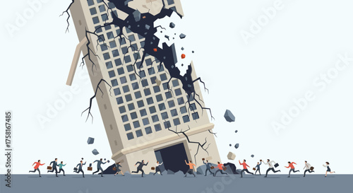 Conceptual illustration depicting building collapse with running people