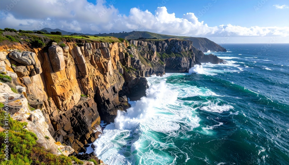 Obraz premium Dramatic coastal cliffs with powerful ocean waves crashing against the rocky shore under a partly cloudy sky.