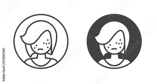 Allergy irritation on woman skin face icon line stroke outline modern graphic illustration set, simple acne eczema zits on girl female teen head pictogram sing symbol, dermatology health problem logo
