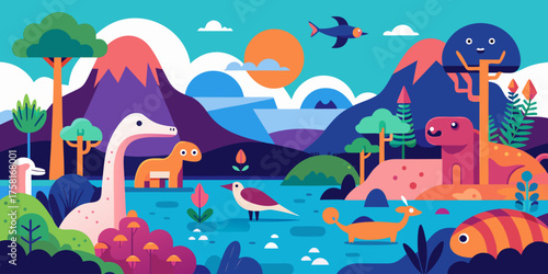 Whimsical cartoon landscape with friendly dinosaurs, birds, trees, and mountains under a bright sun and blue sky Modern car vector illustration Flat car icon Urban vehicle vector