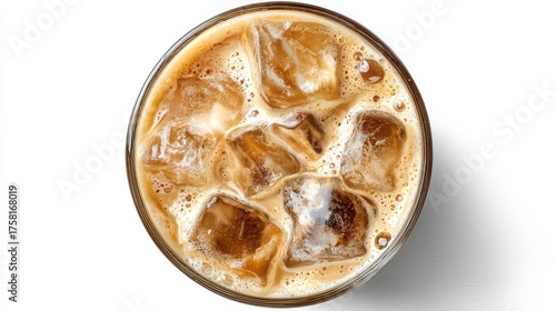 Overhead View of Iced Coffee with Cream and Ice Cubes on White Background.