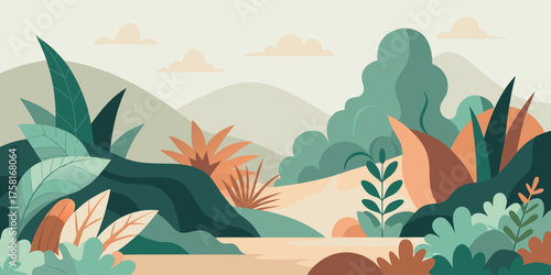 Flat design landscape illustration with rolling hills, lush foliage, and a winding stream Keywords: landscape, nature, illustration, Modern car vector illustration Flat car icon Urban vehicle vector