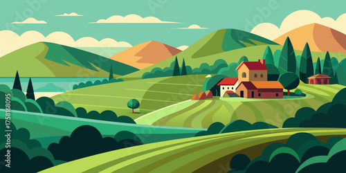 Idyllic Rural Landscape with Rolling Hills, Farms, and Trees vector illustration Modern car vector illustration Flat car icon Urban vehicle vector