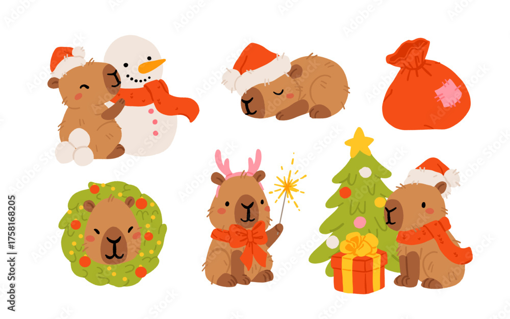 Obraz premium Collection of winter cute capybaras with New Years wreath, gift, bathing in hot water and in Christmas bow and hat. Vector illustration. Isolated kawaii animal character