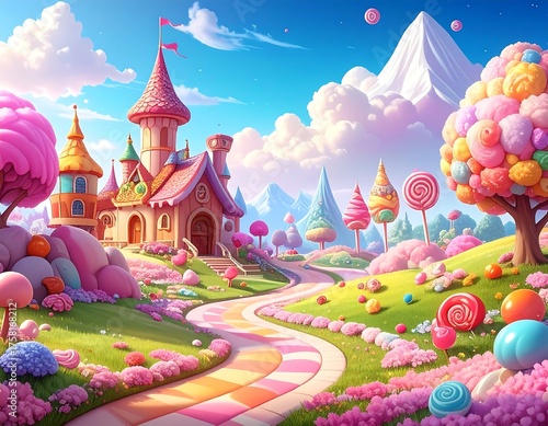 Whimsical cartoon illustration of a sugary candy land scene