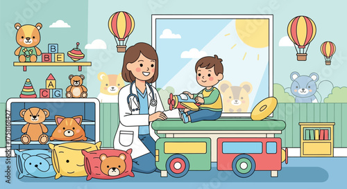 Friendly pediatrician examining a child playing with a toy airplane in clinic
