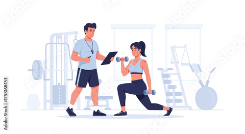 Personal training session inside a gym with instructor monitoring progress