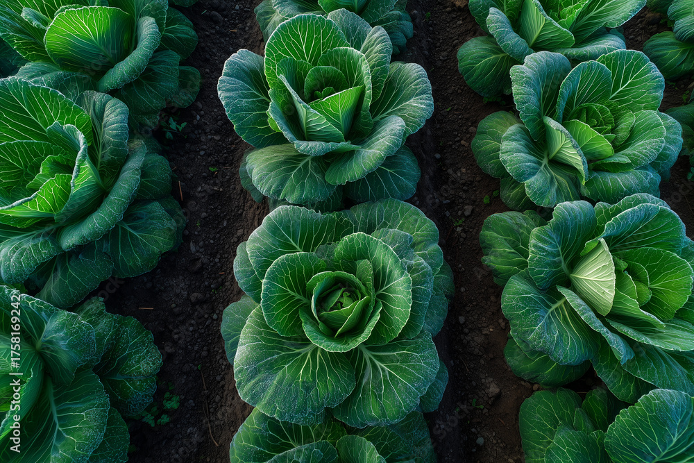 Obraz premium Aerial view of fresh green cabbage plants in neat rows, leaves glistening with morning dew on fertile dark soil in vegetable field