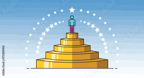 Illustration of golden steps, person atop with star arc signifying triumph
