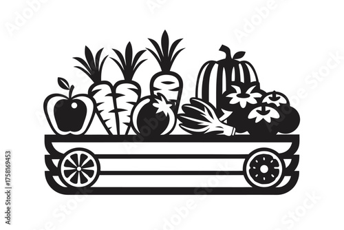A harvest wagon containing carrots, tomatoes, an apple, a pumpkin, and other produce