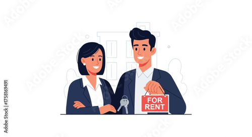 Dynamic Duo Holding Rent Sign in Front of Building Illustration