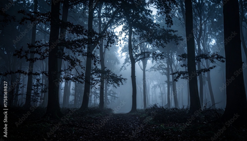 Fototapeta premium Mysterious Forest Path Through a Dark Enchanted Woods with Foggy Atmosphere and Tall Trees.