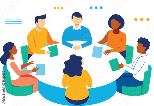 Diverse group of people sitting around a round table in a meeting discussing ideas on illustration