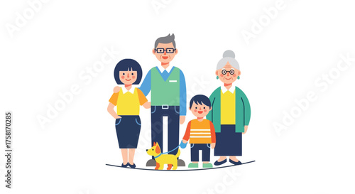 Charming vector illustration of a multigenerational family with a dog pet