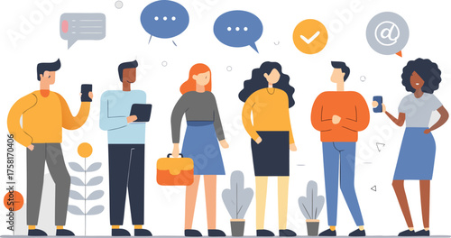 Diverse group of people communicating and connecting using smartphones and digital devices on illustration