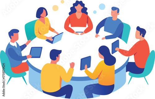Diverse group of people collaborating around a round table with laptops and tablets in a modern office setting on illustration