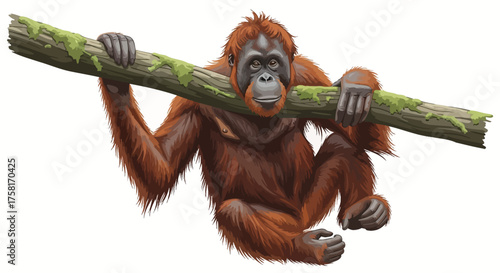Orangutan Hanging on Mossy Branch Detailed Fur Texture Vector Illustration.