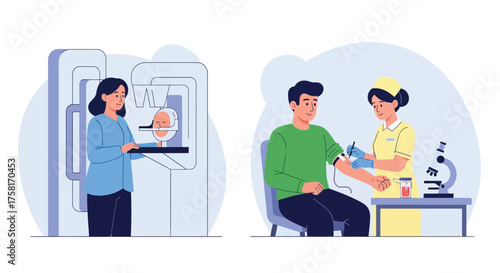 Illustrations showcasing medical diagnostics and healthcare procedures