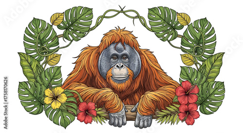 Orangutan Illustration with Lush Foliage Hibiscus Flowers and Detailed Fur.