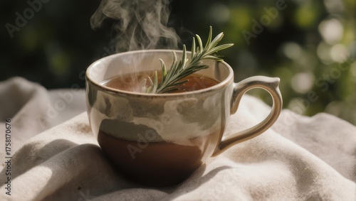 Wallpaper Mural Steaming Cup of Herbal Tea with Rosemary Sprig Outdoors. Torontodigital.ca