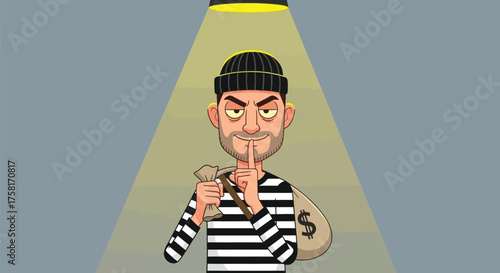 Cartoonish bank robber with money sack gesturing silence under spotlight