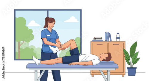 Physical therapist assisting patient with rehabilitation on massage table