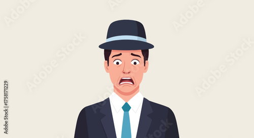 Terrified man wearing fedora, portrait of anxiety and shock concept