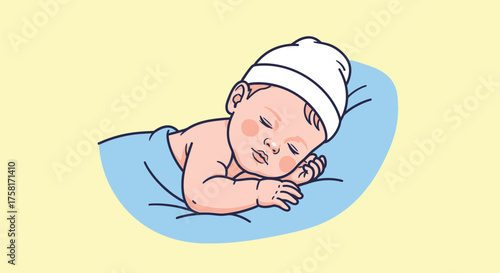 A cartoon of a peaceful baby taking a nap on a soft blue pillow