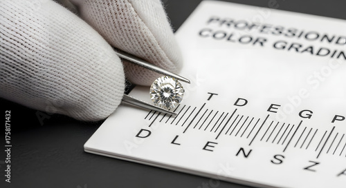A gemologist wearing white gloves uses tweezers to inspect a brilliant cut diamond over a professional color grading scale