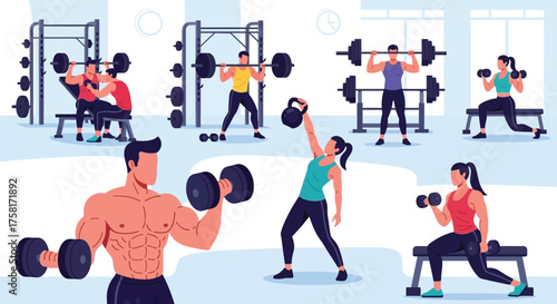 Diverse group of people engages in various weightlifting exercises fitness club