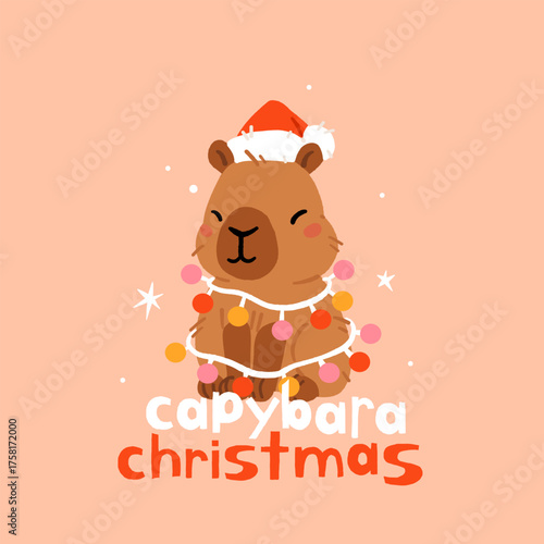 Greeting card with winter cute capybaras with New Years wreath, gift, bathing in hot water and in Christmas bow and hat. Vector illustration. Poster with kawaii animal character