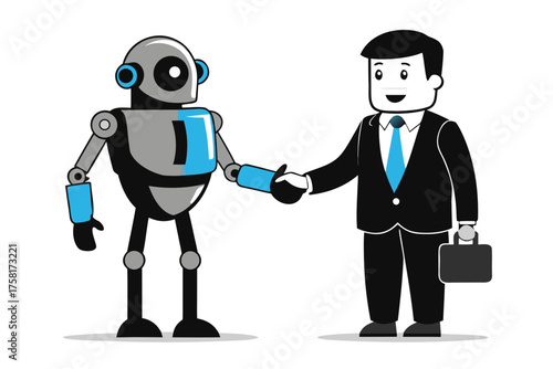 Stylized Robot and Businessman Shaking Hands Black and White Keywords: robot, businessman, handshake, partnership, agreement, technology, future